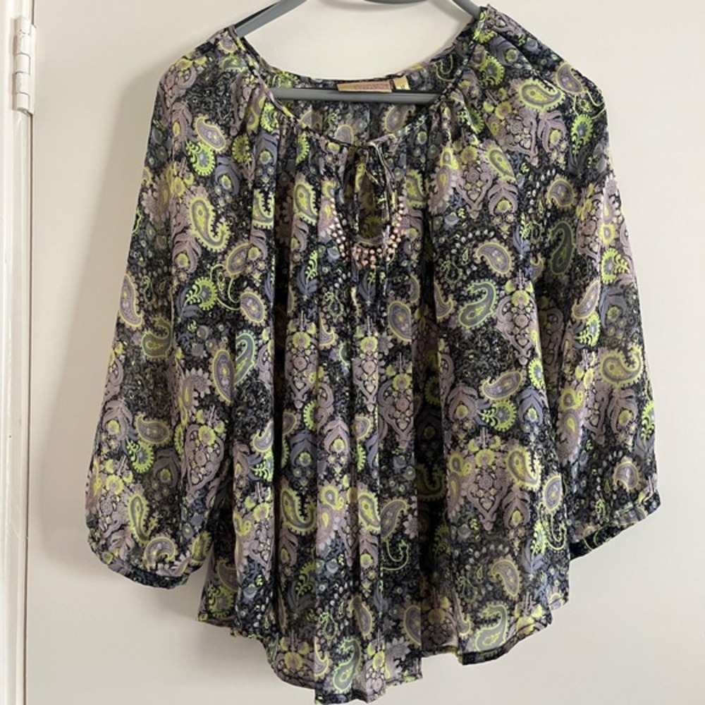 Princess Vera Wang Paisley‎ Peasant Top M Sheer Boho Embellished Blouse Romantic